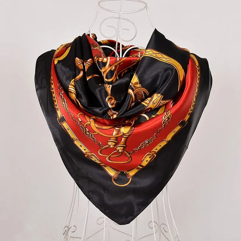Anyyou Scarf for Women Black Red Gold Printed Polyester Silk Big Square Silk Scarf 90*90cm Satin For Spring Summer Autumn Winter