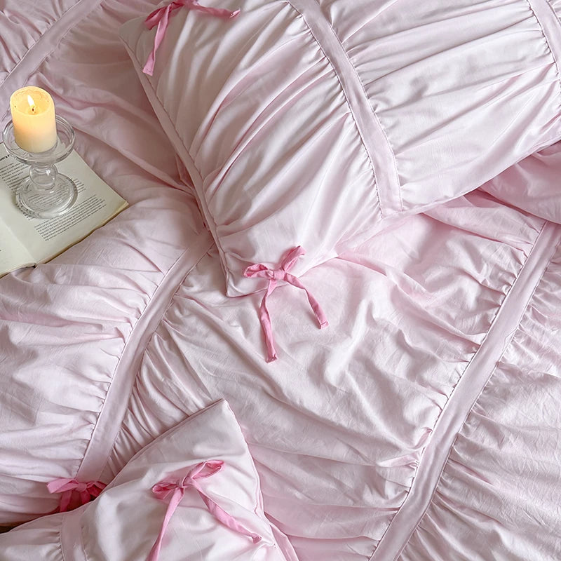 Anycozy Bedding Set Pink Ruffle Pleated Duvet Cover Flat Bed Sheet and Pillowcases Bedroom Decor