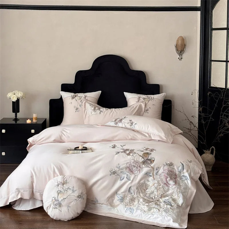 Anycozy Duvet Cover Set Light Pink Flat Bed Sheet Ultra Soft Egyptian Cotton Embroidery Luxury Bedding