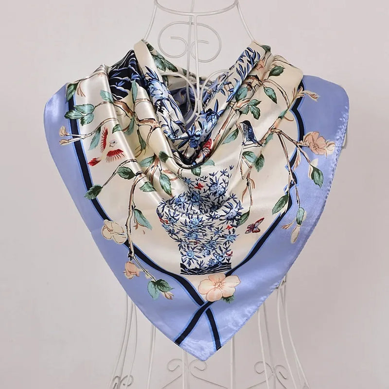 Anyyou Scarf for Women Vase Floral Blue Printed Satin Silk Shawl Fashion Accessories Chain Flowers Pattern Autumn Winter Scarves