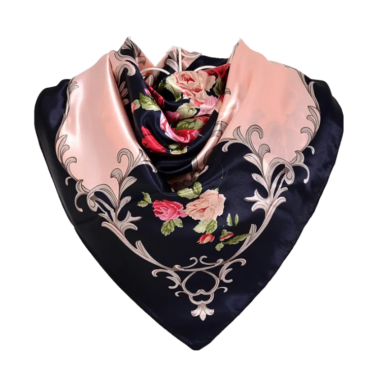 Anyyou Scarf for Women Navy Blue Floral Pink Printed Polyester Silk Big Square Silk Scarf 90*90cm Satin For Spring Summer Autumn Winter