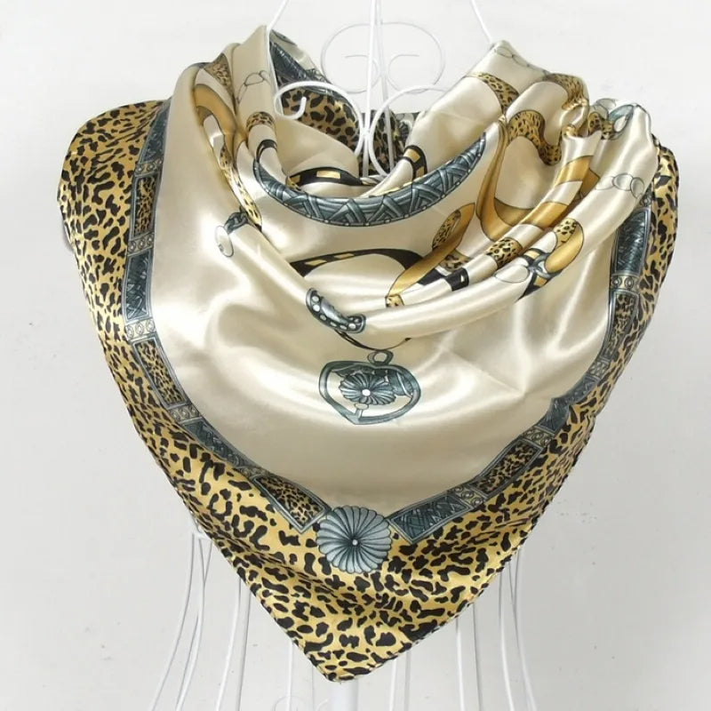 Anyyou Scarf for Women Leopard Printed Satin Silk Shawl Fashion Accessories Chain Flowers Pattern Autumn Winter Scarves