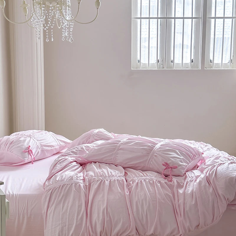 Anycozy Bedding Set Pink Ruffle Pleated Duvet Cover Flat Bed Sheet and Pillowcases Bedroom Decor