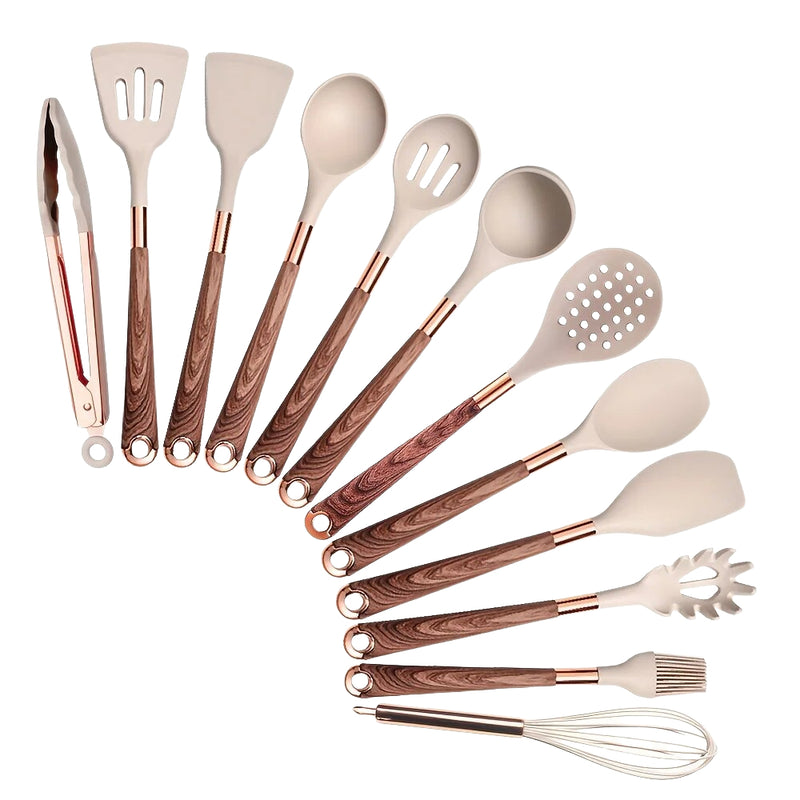 Anygleam Kitchen Utensils Non-stick Brown 12 Set Gold Plated Handle with Support Point Cooking Tool Accessories Heat Resistant Kitchenware
