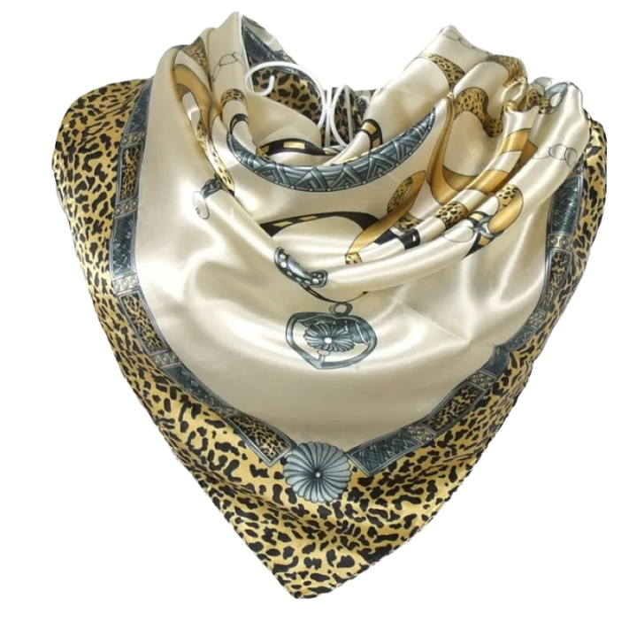 Anyyou Scarf for Women Leopard Printed Satin Silk Shawl Fashion Accessories Chain Flowers Pattern Autumn Winter Scarves