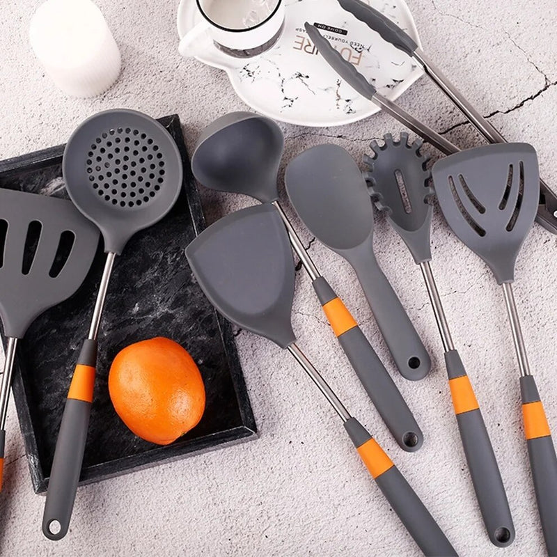 Anygleam Cooking Utensil 5 Set Grey Heat Resistant Tools Spatula Kit with 1 Tong Kitchen Accessories Kitchenware Paddle Scoop for Nonstick Cookware