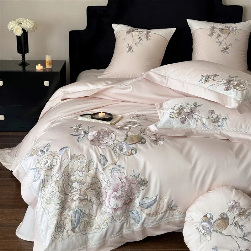 Anycozy Duvet Cover Set Light Pink Flat Bed Sheet Ultra Soft Egyptian Cotton Embroidery Luxury Bedding