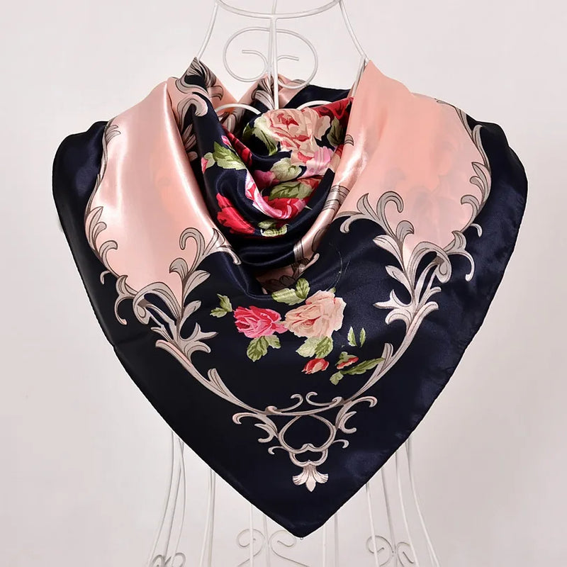 Anyyou Scarf for Women Navy Blue Floral Pink Printed Polyester Silk Big Square Silk Scarf 90*90cm Satin For Spring Summer Autumn Winter