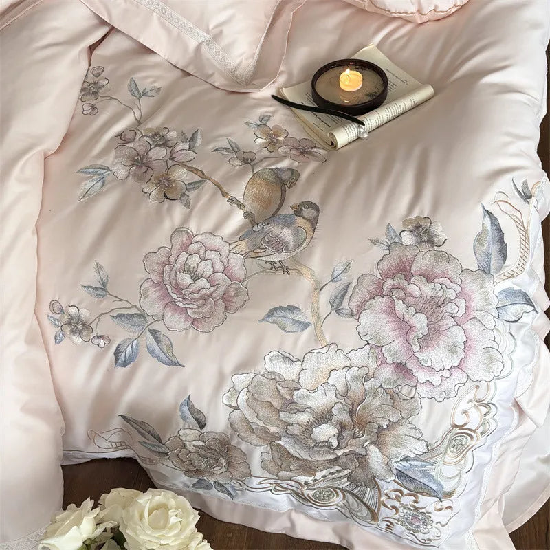 Anycozy Duvet Cover Set Light Pink Flat Bed Sheet Ultra Soft Egyptian Cotton Embroidery Luxury Bedding