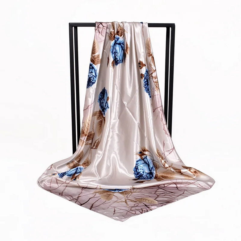 Anyyou Scarf for Women Grey Blue Roses Printed Satin Silk Shawl Fashion Accessories Chain Flowers Pattern Autumn Winter Scarves