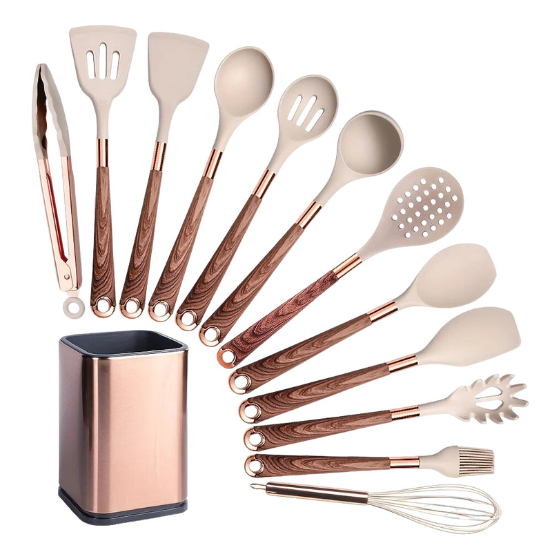 Anygleam Kitchen Utensils Non-stick Brown 12 Set Gold Plated Handle with Support Point and Storage Box Cooking Tool Accessories Heat Resistant Kitchenware