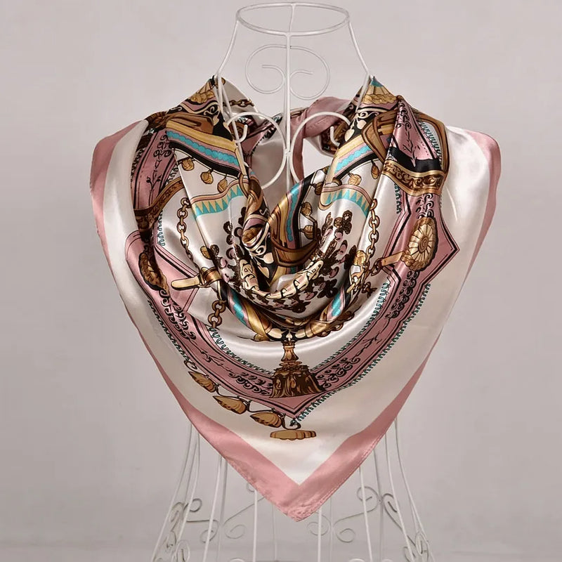 Anyyou Scarf for Women Girly Pink Printed Satin Silk Shawl Fashion Accessories Chain Flowers Pattern Autumn Winter Scarves