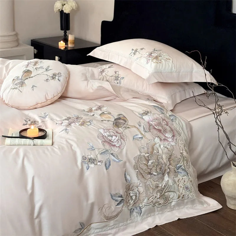 Anycozy Duvet Cover Set Light Pink Flat Bed Sheet Ultra Soft Egyptian Cotton Embroidery Luxury Bedding