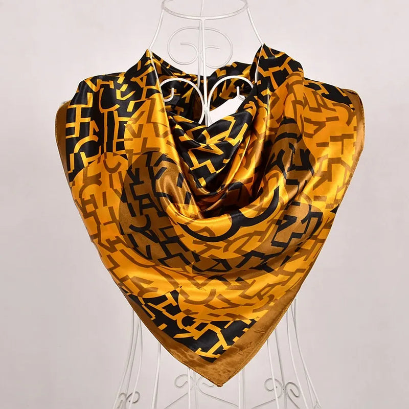 Anyyou Scarf for Women Gold Black Printed Satin Silk Shawl Fashion Accessories Chain Flowers Pattern Autumn Winter Scarves