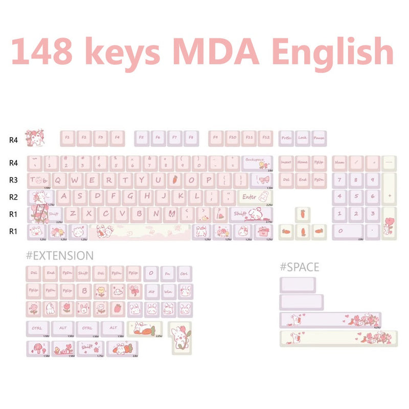 ANYMOB Keycap Keyboard Pink 148 keys Rabbit Theme Sided Heat Submlimation Switch Fit