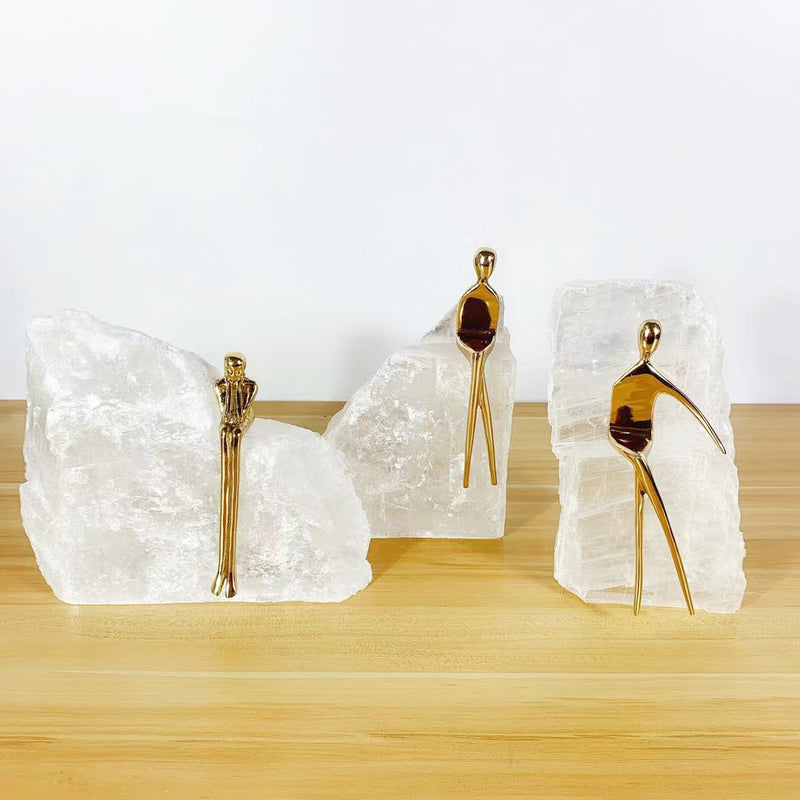 Anyhouz Rustic Gold Brass Man Sculpture – Abstract Artwork with Crystal Stone Base for Home & Office Nordic Décor