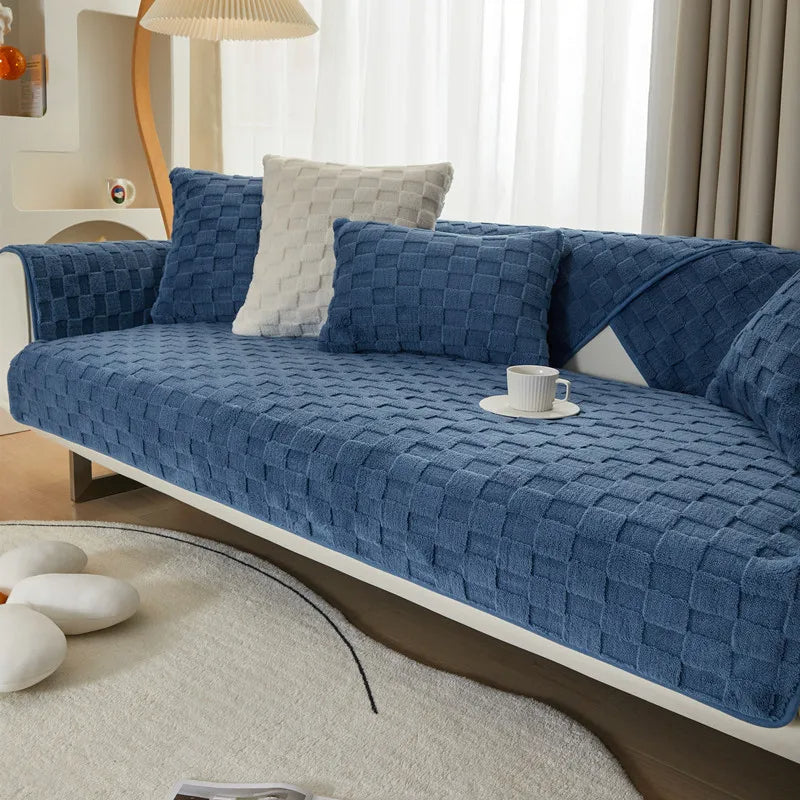 Anyseat Sofa Towel Super Soft Dark Blue Velvet Plush Non-slip Sectional Sofa Covers for Living Room Thick L-shape Couch Covers