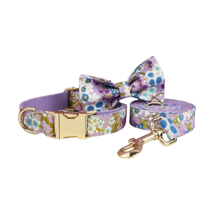 ANYWAGS Pet Bow Collar Leash Set Purple Floral Stylish Accessory with Safety Buckle Durable Strap