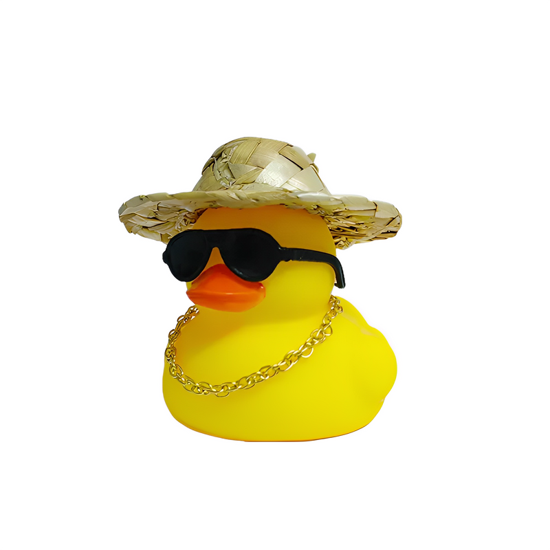 ANYPACK Car Ornaments Rubber Yellow Duck for Car Dashboard Decorations Round Glasses Duck with Straw Hat Gold Chain