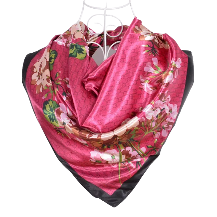 Anyyou Scarf for Women Floral Rose Red Print Square Silk Shawl For Summer Spring And Fall