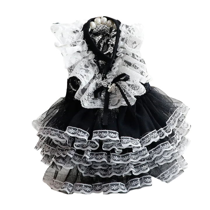 ANYWAGS Pet Clothes White and Black Princess Dress with Tassel Skirt for Cosplay and Special Occasions
