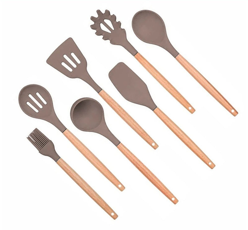 Anygleam Kitchen Utensils 7 Set Khaki Natural Beech Wooden Handle Cookware Tool Heat Resistant Non Stick Accessories