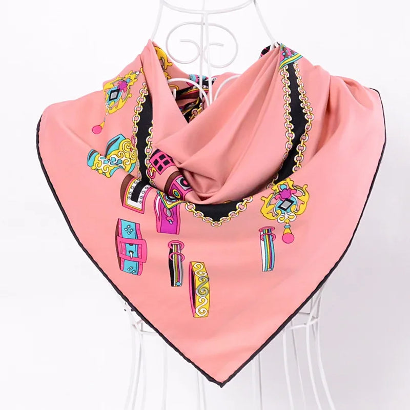 Anyyou Scarf for Women Pink Printed Twill Silk Shawl Fashion Elegant High Quality for Spring Autumn Square Scarves 90*90cm