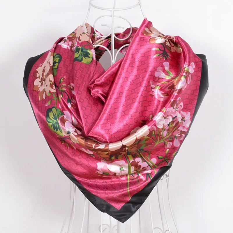 Anyyou Scarf for Women Floral Rose Red Print Square Silk Shawl For Summer Spring And Fall