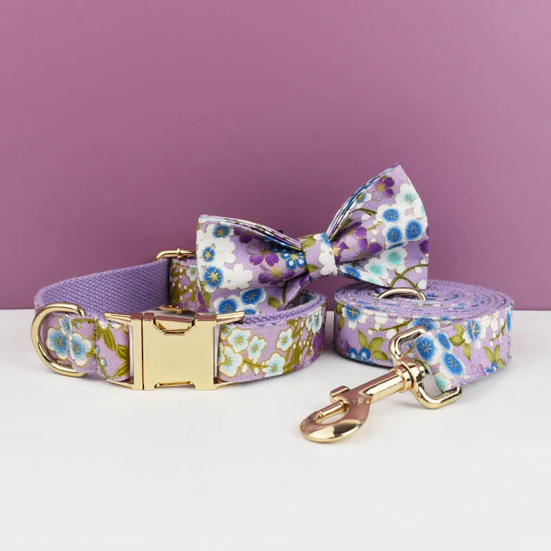 ANYWAGS Pet Bow Collar Leash Set Purple Floral Stylish Accessory with Safety Buckle Durable Strap