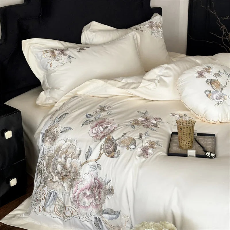 Anycozy Duvet Cover Set White Flat Bed Sheet Ultra Soft Egyptian Cotton Embroidery Quilt Bedding