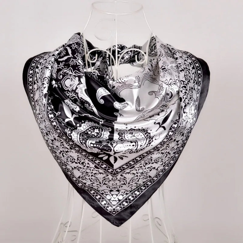 Anyyou Scarf for Women Black White Printed Square Silk Shawl For Summer Spring And Fall