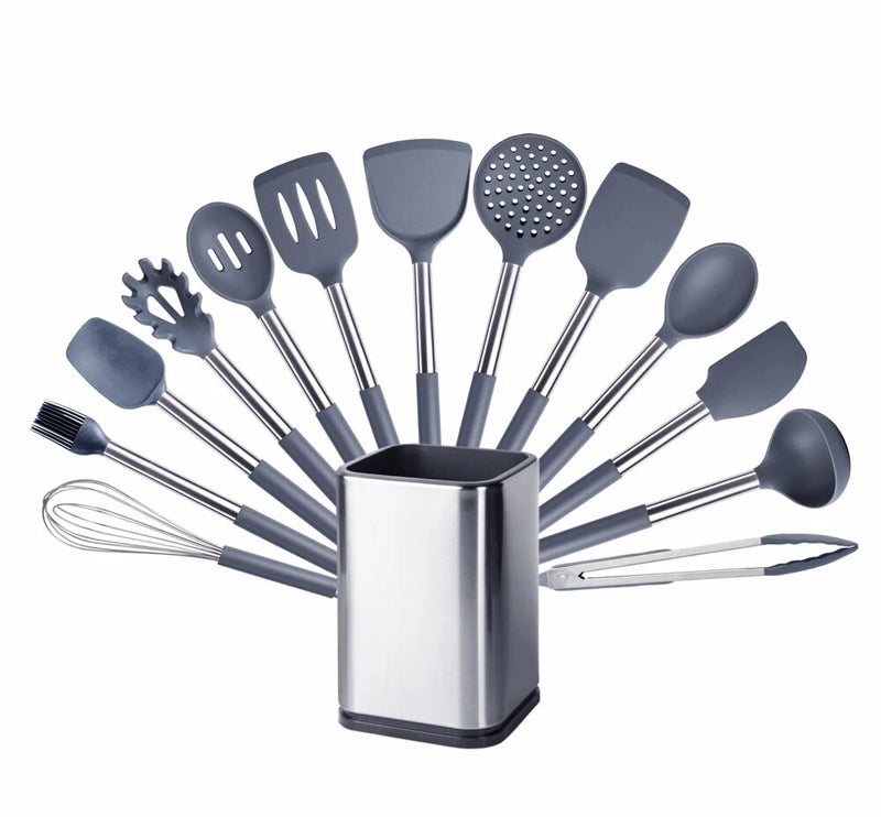 Anygleam Kitchen Utensils Non-stick Grey/ Silver 13 Set Cooking Tool with Storage Box Accessories Heat Resistant Kitchenware