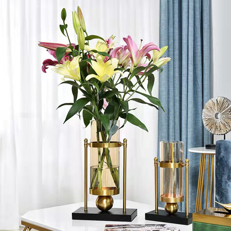 ANYHOUZ Gold Retro Glass Iron Vase Tabletop Decor – Modern Metal Art Ornament for Living Room Display & Home Crafts