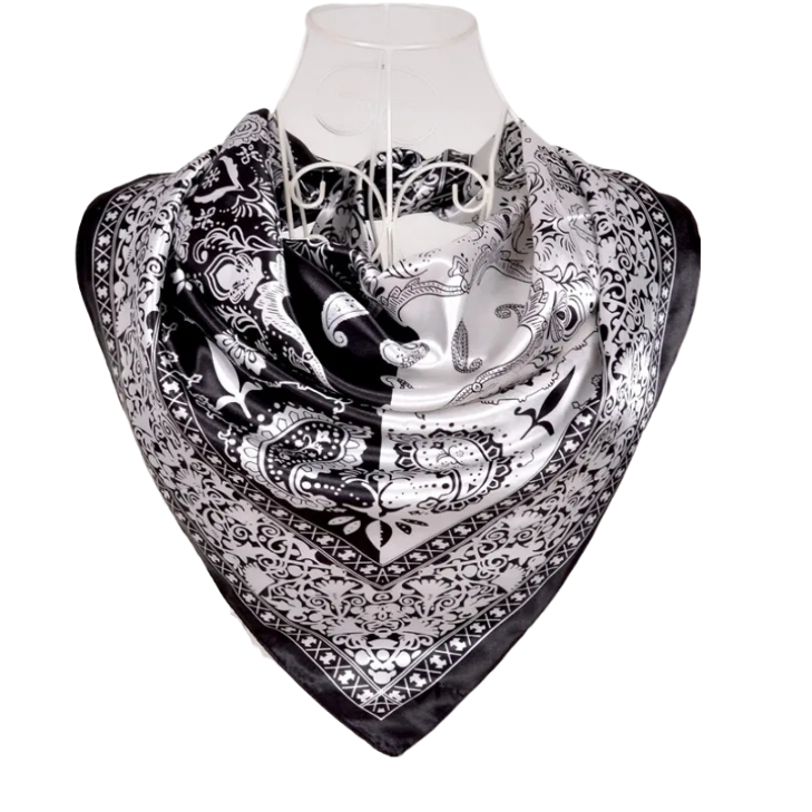 Anyyou Scarf for Women Black White Printed Square Silk Shawl For Summer Spring And Fall