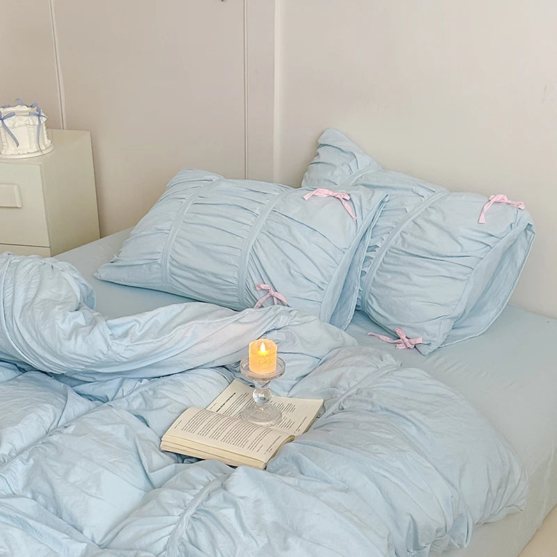Anycozy Bedding Set Light Blue Ruffle Pleated Duvet Cover Fitted Bed Sheet and Pillowcases Bedroom Decor