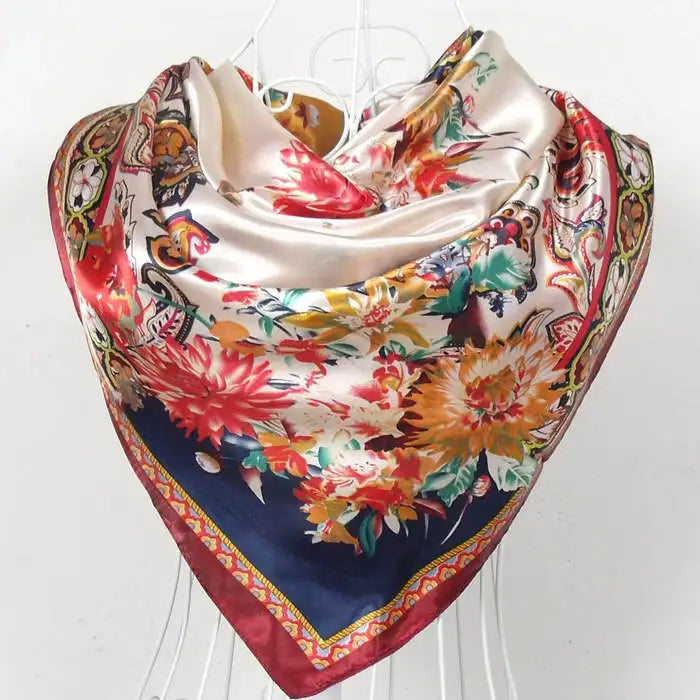Anyyou Scarf for Women Red Beige Printed Satin Silk Shawl Fashion Accessories Chain Flowers Pattern Autumn Winter Scarves