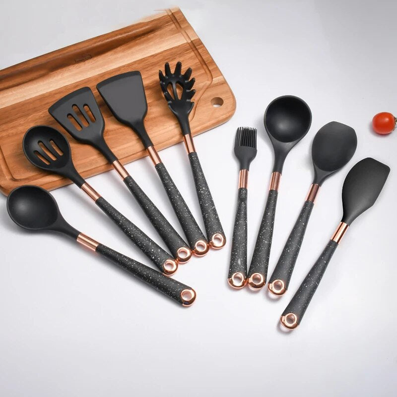 Anygleam Kitchen Utensils Non-stick Black 10 Set Gold Plated Handle with Support Point and Storage Box Cooking Tool Accessories Heat Resistant Kitchenware
