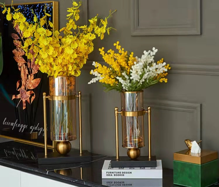 ANYHOUZ Gold Retro Glass Iron Vase Tabletop Decor – Modern Metal Art Ornament for Living Room Display & Home Crafts