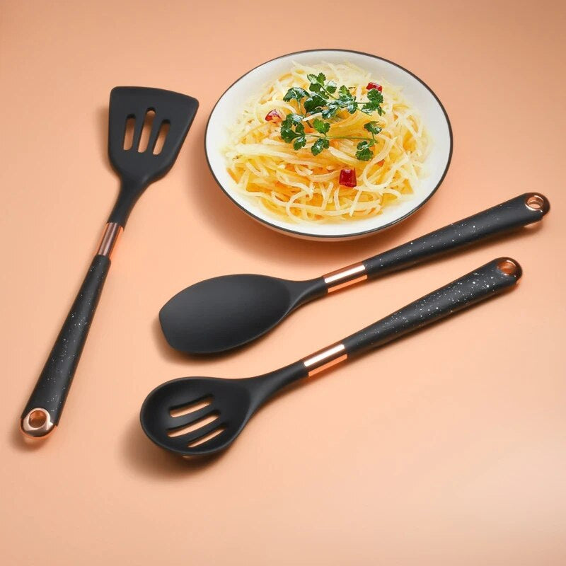 Anygleam Kitchen Utensils Non-stick Black 10 Set Gold Plated Handle with Support Point and Storage Box Cooking Tool Accessories Heat Resistant Kitchenware