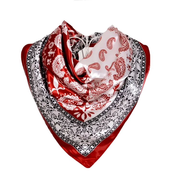 Anyyou Scarf for Women Wine Red Printed Satin Silk Shawl Fashion Accessories Chain Flowers Pattern Autumn Winter Scarves