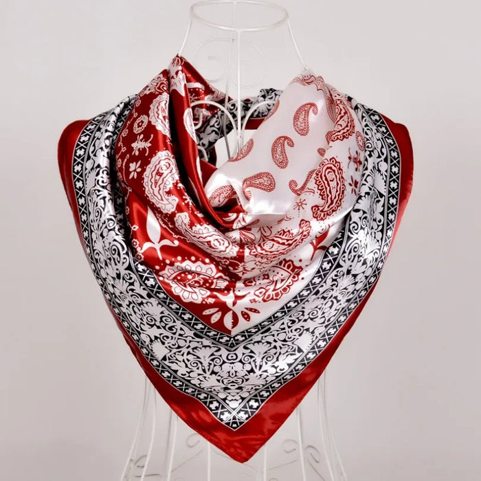 ANYYOU Scarf for Women Wine Red Printed Satin Silk Shawl Fashion