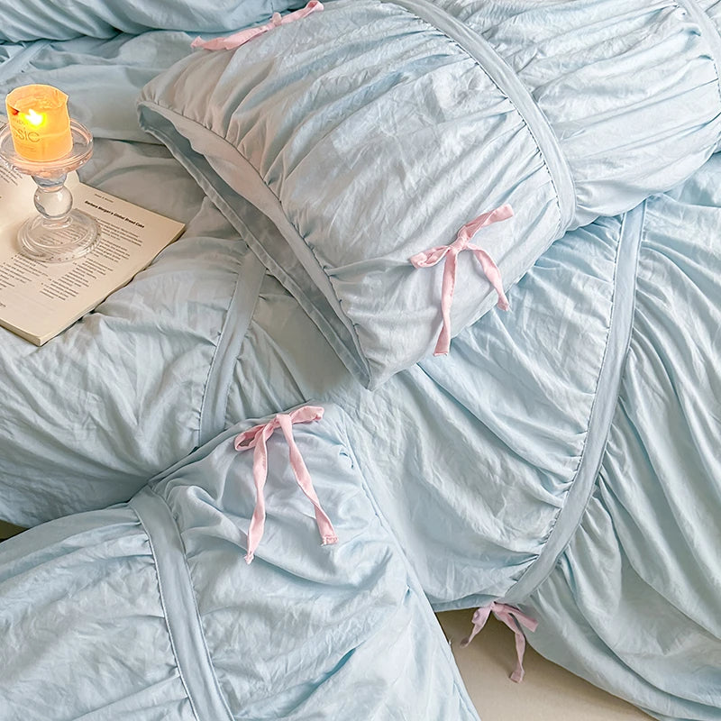Anycozy Bedding Set Light Blue Ruffle Pleated Duvet Cover Fitted Bed Sheet and Pillowcases Bedroom Decor