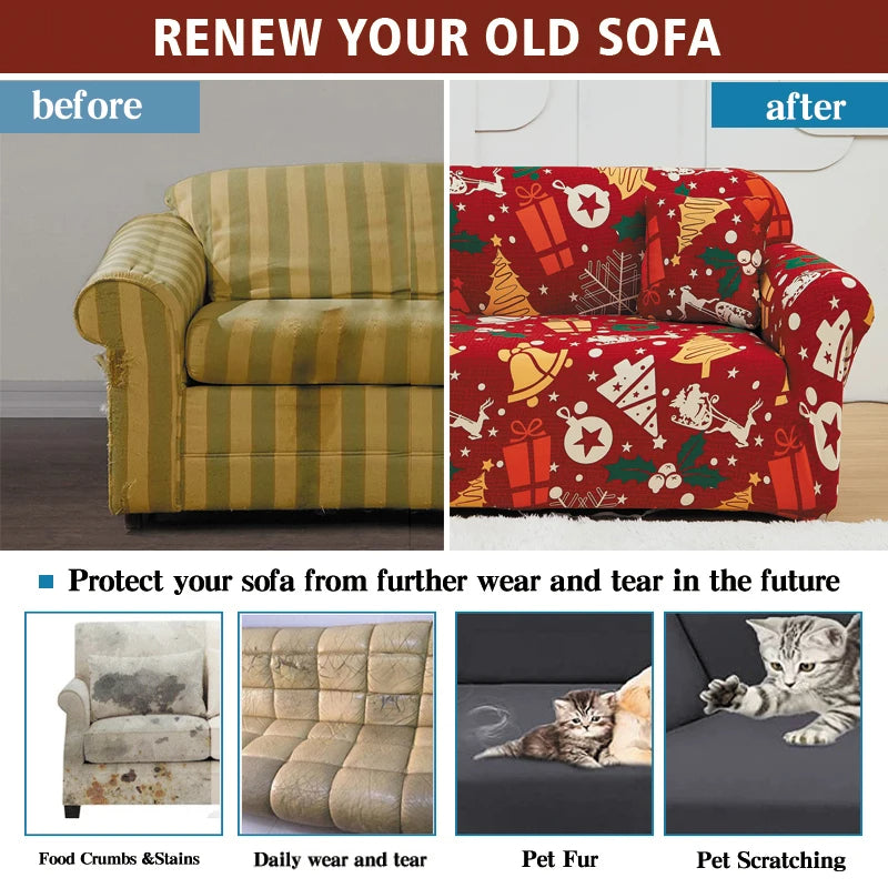 Anyseat Sofa Cover Blue Christmas Reindeer Design Stretchable Non Slip Slipcover