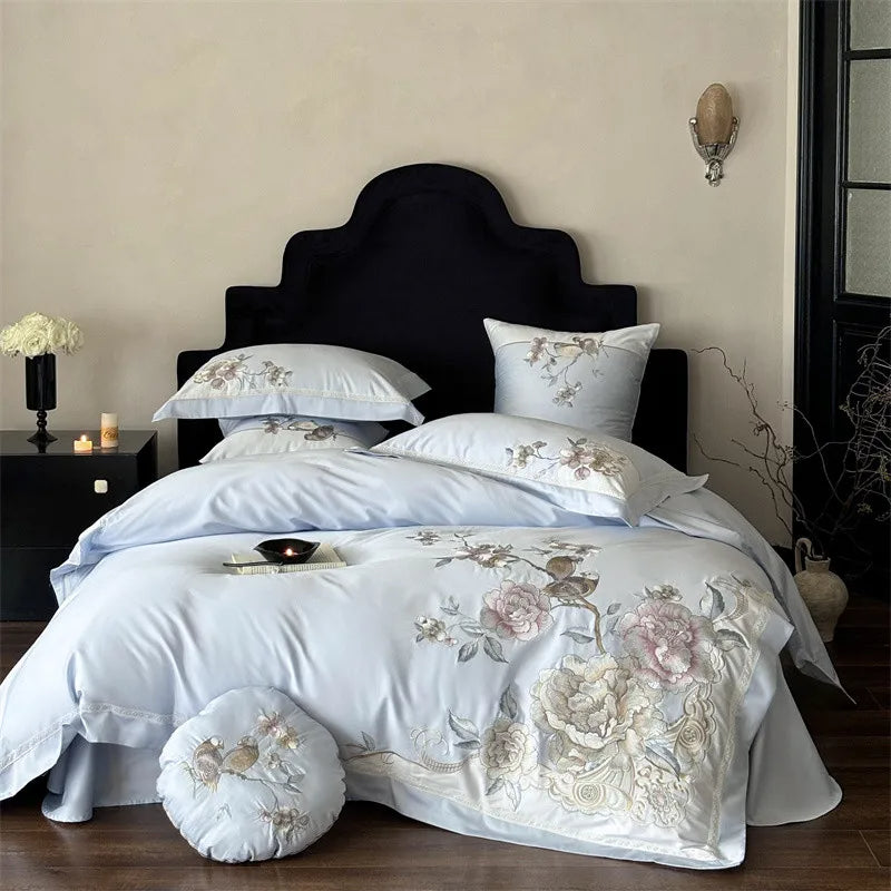 Anycozy Duvet Cover Set Blue Flat Bed Sheet Ultra Soft Egyptian Cotton Embroidery Bedding For Luxurious Feel