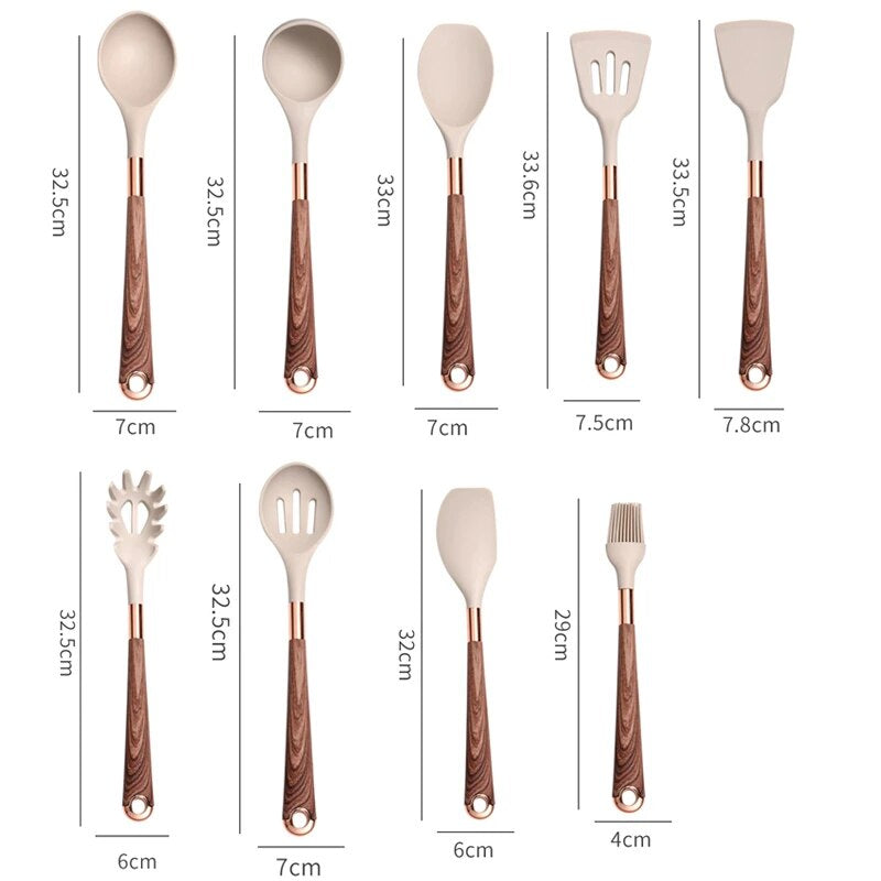 Anygleam Kitchen Utensils Non-stick Brown 10 Set Gold Plated Handle with Support Point Cooking Tool Accessories Heat Resistant Kitchenware