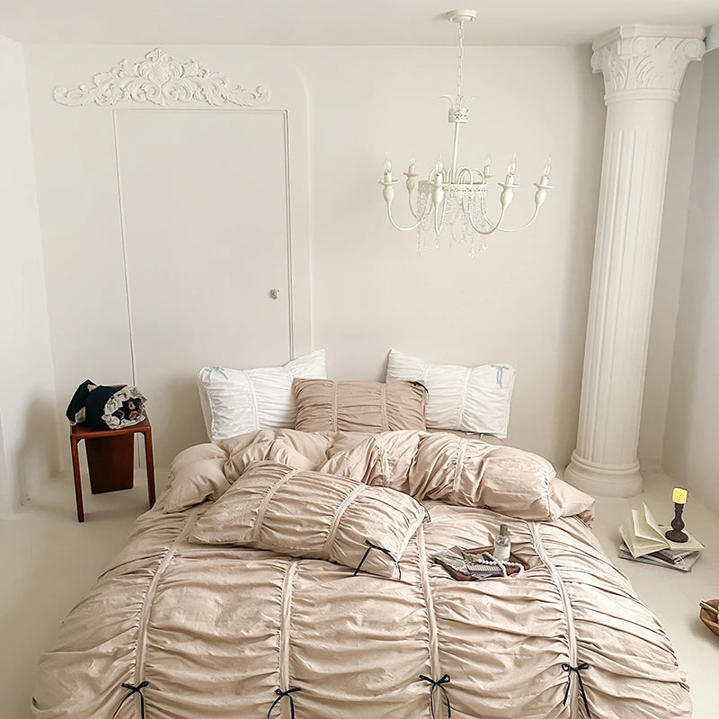 Anycozy Bedding Set Coffee Ruffle Pleated Duvet Cover Flat Bed Sheet and Pillowcases Bedroom Decor