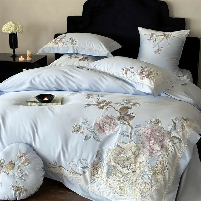 Anycozy Duvet Cover Set Blue Flat Bed Sheet Ultra Soft Egyptian Cotton Embroidery Bedding For Luxurious Feel