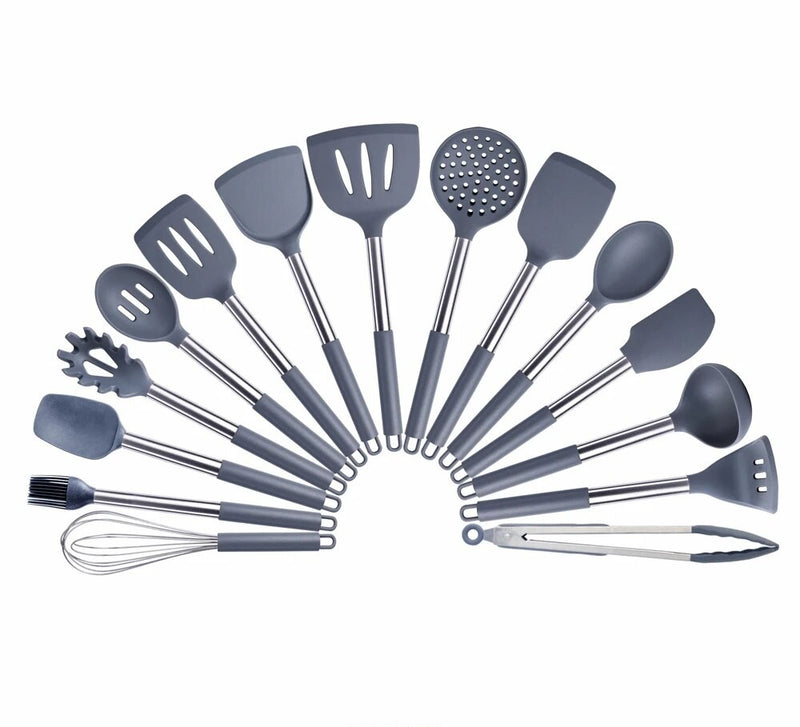 Anygleam Kitchen Utensils Non-stick Grey/ Silver 15 Set Cooking Tool Accessories Heat Resistant Kitchenware