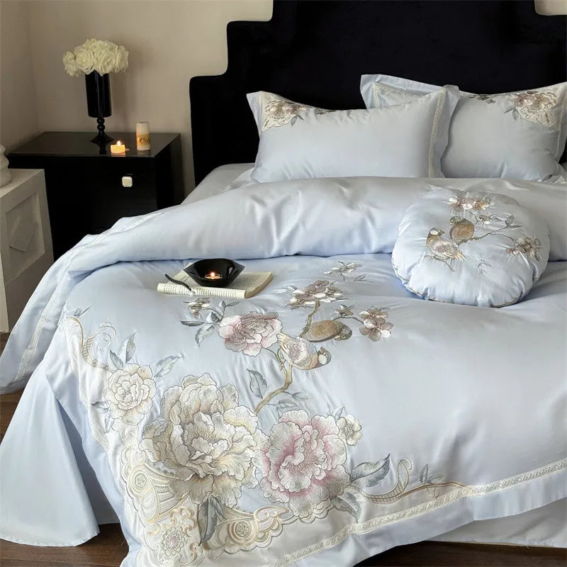 Anycozy Duvet Cover Set Blue Flat Bed Sheet Ultra Soft Egyptian Cotton Embroidery Bedding For Luxurious Feel