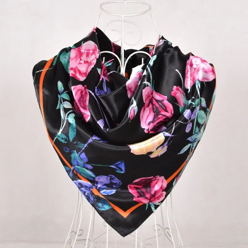 Anyyou Scarf for Women Black Pink Floral Printed Satin Silk Shawl Fashion Accessories Chain Flowers Pattern Autumn Winter Scarves
